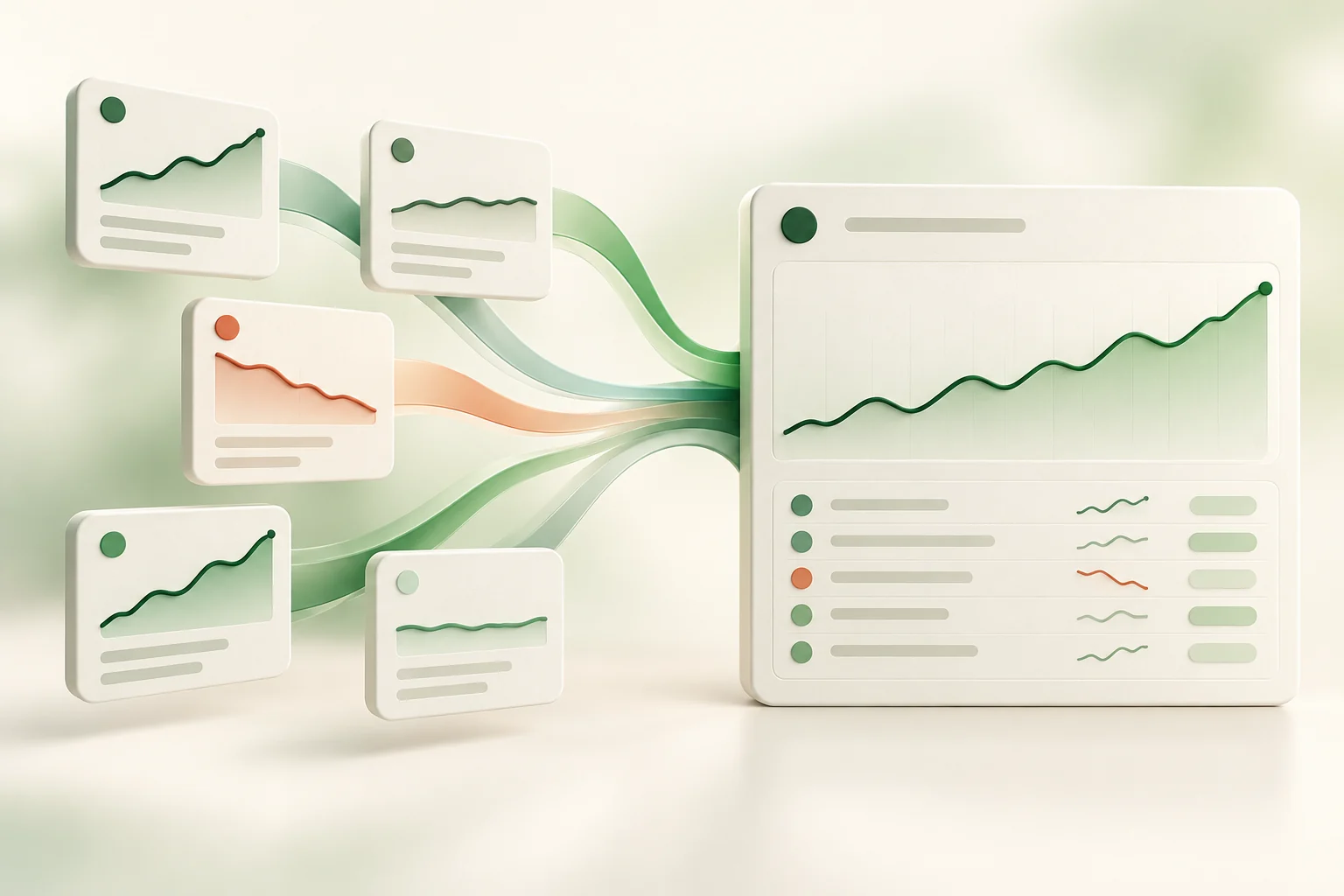 Separate property trend cards flow into one shared portfolio dashboard.