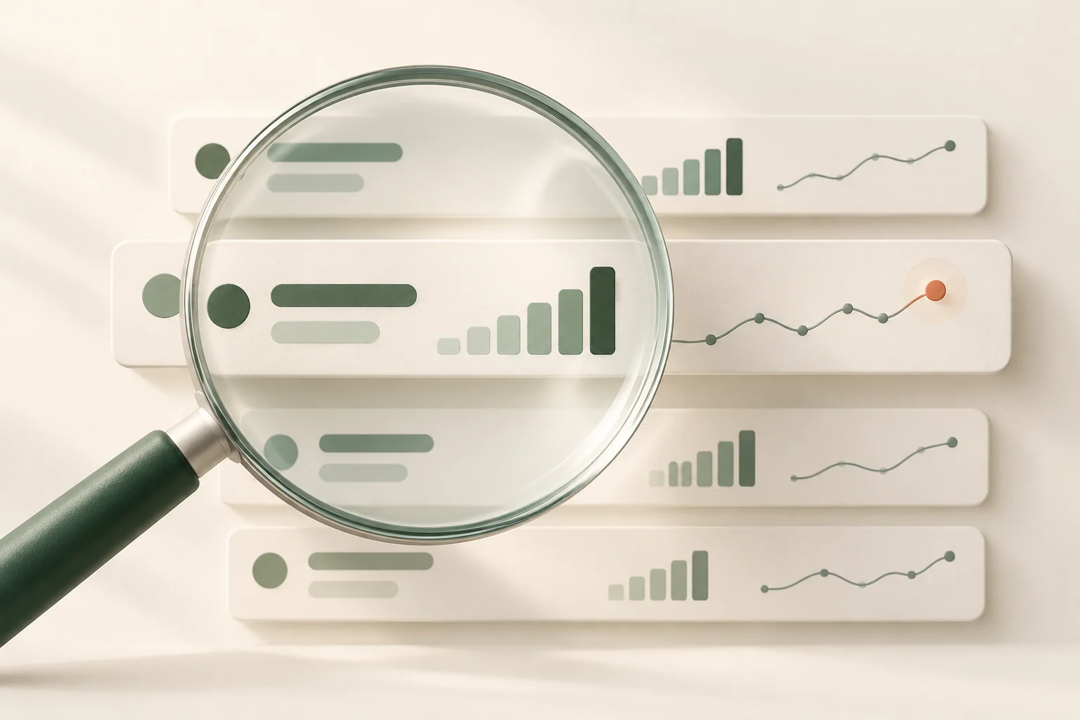 A magnifying glass highlights query rows, impression bars, and a trend line.